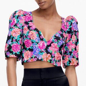 NWT Colourful Floral Pink Blue  Puff Sleeve Cropped Top XS